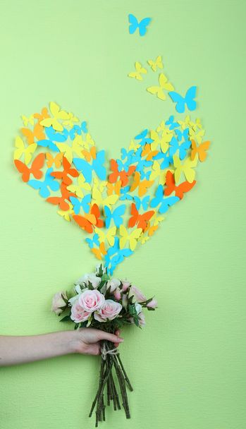 Paper butterflies fly out of flowers - Фото, изображение