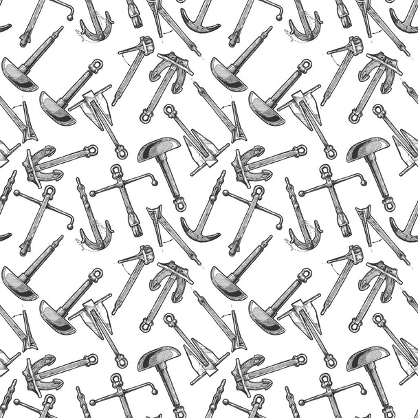 Seamless pattern in vintage engraved style with different realistic types of boat anchors. Admiralty, Porter - Trotman, Mushroom anchor, Hall and Danforth on illustration. - Vector, imagen
