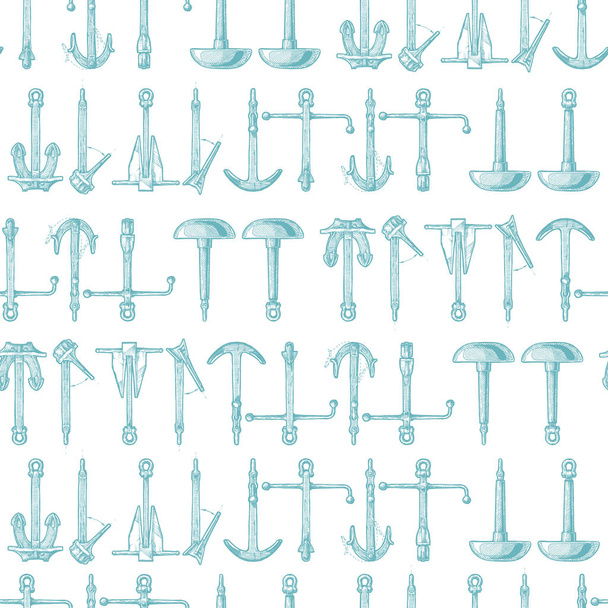 Seamless pattern in vintage engraved style with different realistic types of boat anchors. Admiralty, Porter - Trotman, Mushroom anchor, Hall and Danforth on illustration. - Vector, Imagen