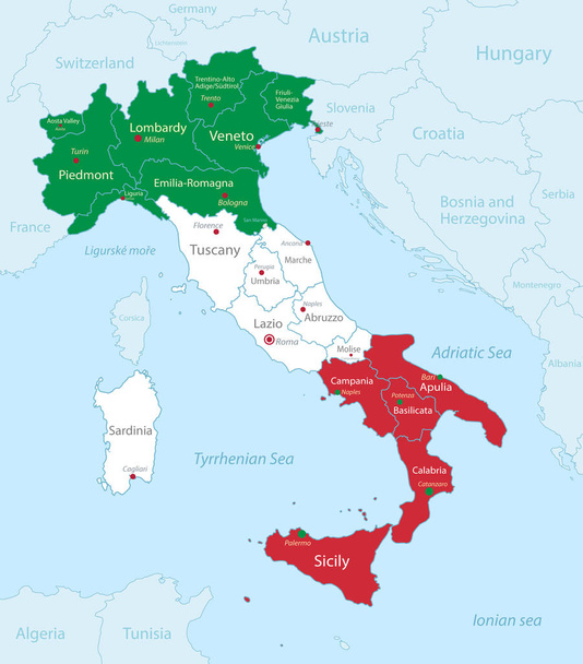 Italia mappa in colori di bandiera con stati limitrofi, divisione amministrativa e nomi con città, vettore sfondo blu
 - Vettoriali, immagini