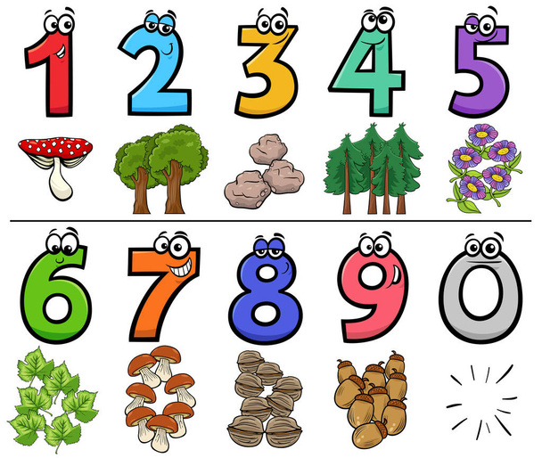 Cartoon Illustration of Educational Numbers Set from One to Nine with Nature Objects - Вектор, зображення