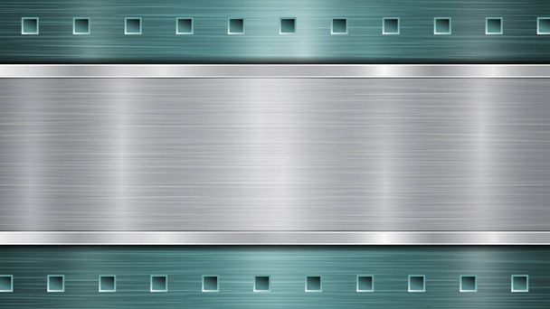 Achtergrond van lichtblauwe geperforeerde metalen oppervlak met gaten en horizontale zilver gepolijste plaat met een metalen textuur, glares en glanzende randen - Vector, afbeelding