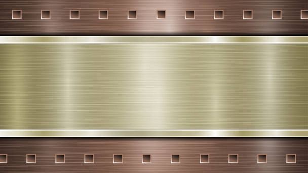 Фон з бронзової перфорованої металевої поверхні з отворами та горизонтальною золотистою полірованою пластиною з металевою текстурою, блискавками та блискучими краями
 - Вектор, зображення