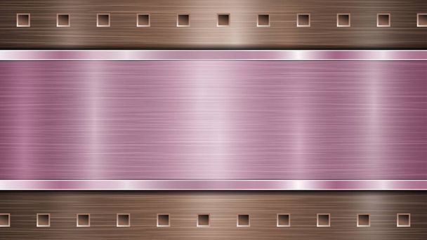 Фон из бронзовой перфорированной металлической поверхности с отверстиями и горизонтальной фиолетовой полированной пластиной с металлической текстурой, блестками и блестящими краями
 - Вектор,изображение