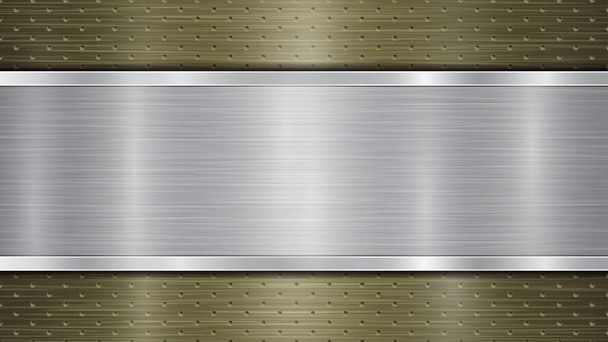 Background of golden perforated metallic surface with holes and silver horizontal polished plate with a metal texture, glares and shiny edges - Vector, Image