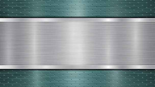Hintergrund aus hellblauer perforierter metallischer Oberfläche mit Löchern und horizontaler silberpolierter Platte mit metallischer Struktur, grellen und glänzenden Kanten - Vektor, Bild