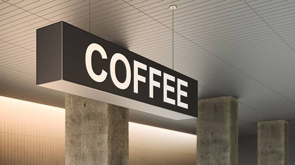 Coffee board hanging from ceiling. Coffee sign outside cafe or restaurant. Black horizontal rectangular coffee signage with a modern font hanging from the ceiling in a business center. 3D render. - Photo, Image