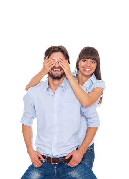 Couple happy young female surprise husband cover his eyes - Fotoğraf, Görsel