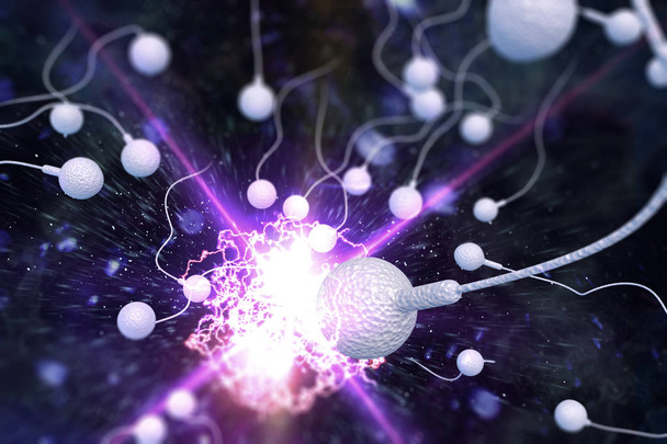 Плавание расы сперматозоидов для оплодотворения плодородной человеческой яйцеклетки 3D цифровая иллюстрация - Фото, изображение