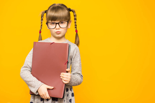Little cheerful girl in glasses with serious face and funny pigtails holding school books against yellow background - Φωτογραφία, εικόνα
