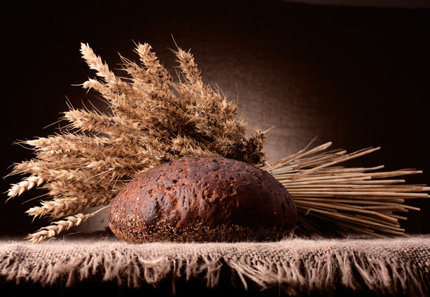 Loaf of bread and rye ears still life - Фото, зображення