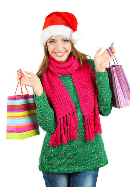 Beautiful smiling girl with gift bags isolated on white - Φωτογραφία, εικόνα