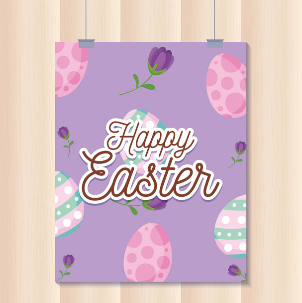 Happy easter eggs and flowers frame vector design - Vetor, Imagem