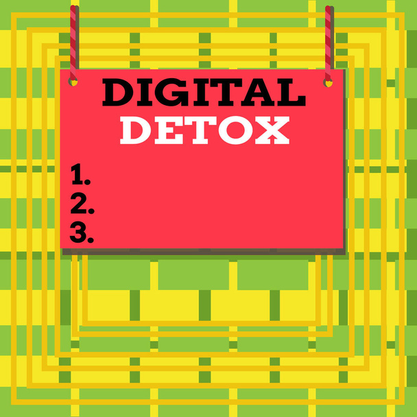 Text sign showing Digital Detox. Conceptual photo period of time during a demonstrating stops from using gadgets Wooden board wood rectangle shape empty frame fixed colorful striped string. - Photo, Image
