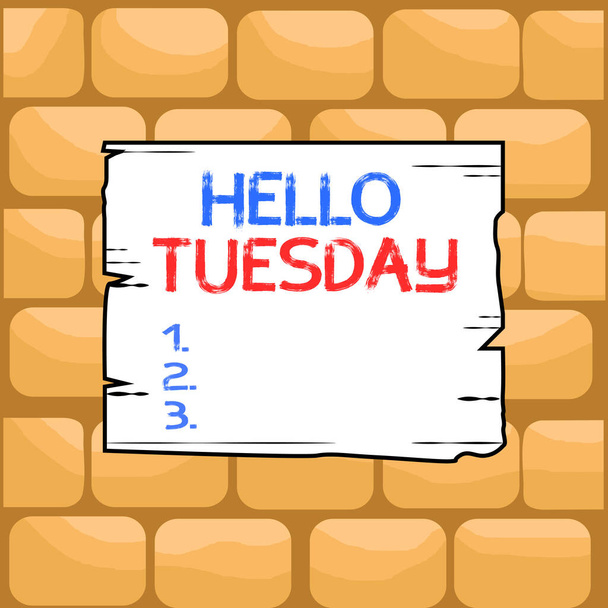 Handwriting text writing Hello Tuesday. Concept meaning a greeting or warm welcome to the third day of the week Wooden square plank empty frame slots grooves wood panel colored board lumber. - Fotó, kép