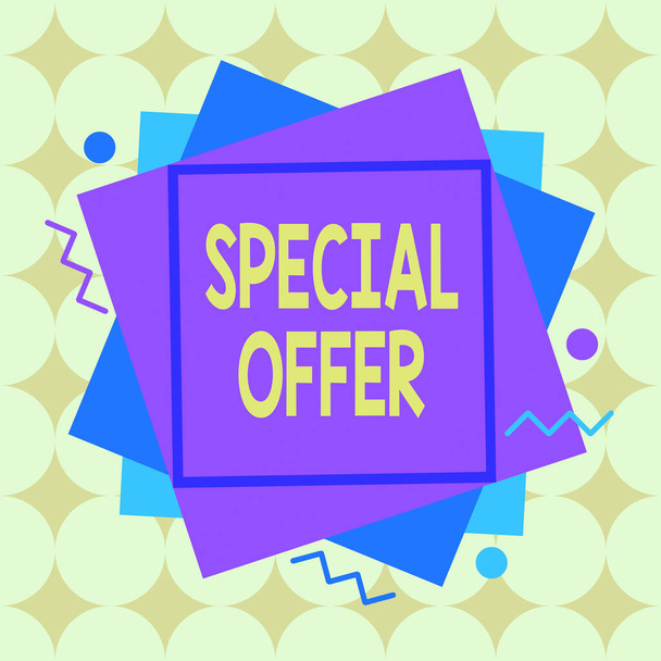 Writing note showing Special Offer. Business photo showcasing product or service that is offered free or at a very low price Asymmetrical format pattern object outline multicolor design. - 写真・画像