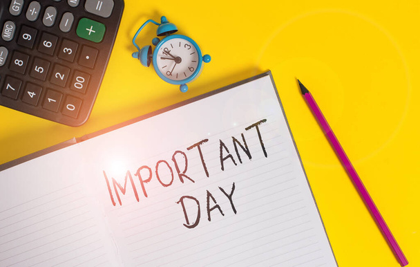 Writing note showing Important Day. Business photo showcasing Better, greater, or otherwise different day from what is usual Open striped notebook calculator metal alarm clock color background. - Zdjęcie, obraz