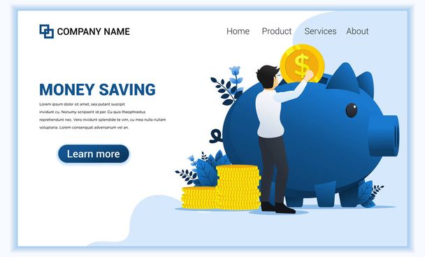 Σύγχρονη επίπεδη ιστοσελίδα σχεδιασμό έννοια της εξοικονόμησης χρημάτων με έναν άνθρωπο puting χρήματα νόμισμα σε μεγάλο κουμπαρά. Επίπεδο πρότυπο σελίδας προσγείωσης. εικονογράφηση διανύσματος - Διάνυσμα, εικόνα