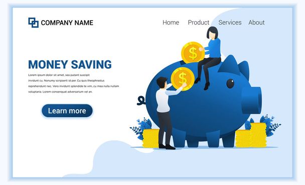 Money saving concept with young people puting money into piggy bank. Can use for web banner, infographics, landing page, web template. Flat vector illustration - Vector, Image
