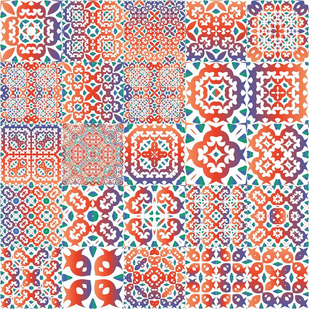 Mexican ornamental talavera ceramic. Kit of vector seamless patterns. Creative design. Red vintage backdrops for wallpaper, web background, towels, print, surface texture, pillows. - ベクター画像
