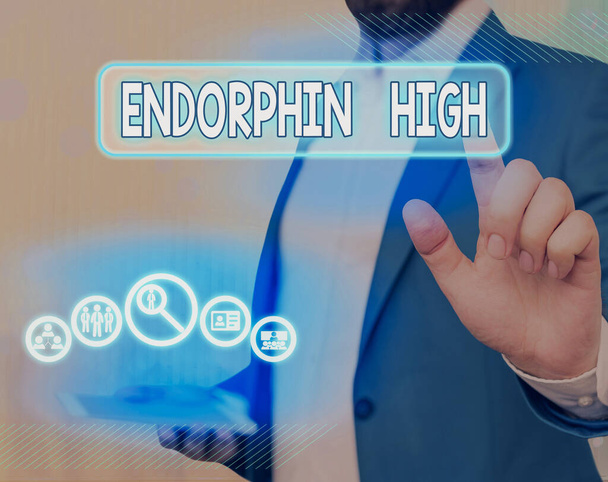 Znak tekstowy pokazujący Endorphin High. Pojęciowe zdjęcie wywołuje pozytywne odczucia w organizmie, jak u morfiny.. - Zdjęcie, obraz