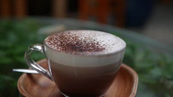 Closeup shot a cappuccino fahéjjal egy kávézóban. Kávészünet - Felvétel, videó