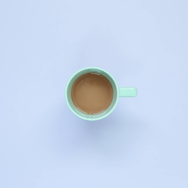 Cup of coffee on pastel purple background. top view, copy space - Photo, Image