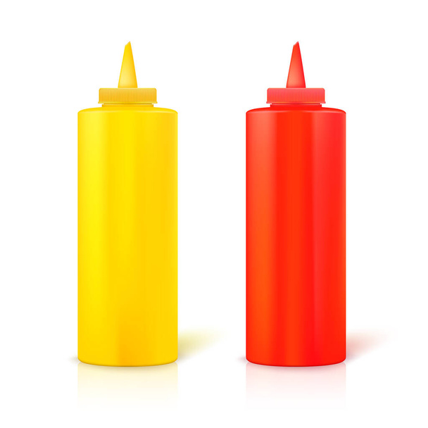 Realistic plastic bottles for ketchup and mustard isolated on white background. - Вектор, зображення