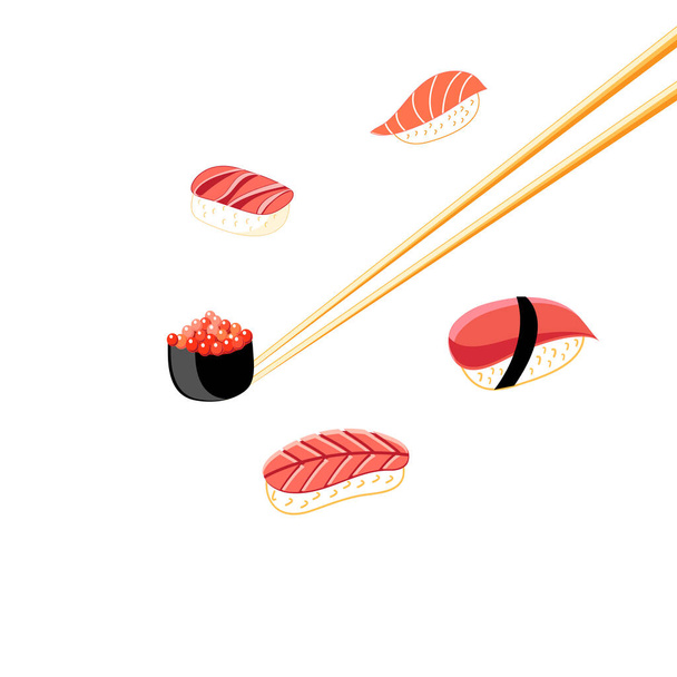 Illustration of a delicious sushi background on a white background. - Vektori, kuva