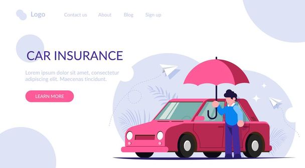 Gépjármű-biztosítás természeti katasztrófák ellen. Az esernyős emberek a kocsija mellett állnak. Modern lapos vektor illusztráció. A kirakodási weboldal sablonja. - Vektor, kép