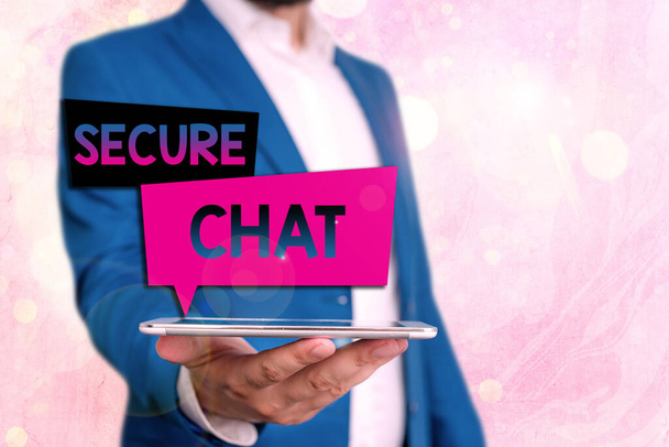Teksti merkki osoittaa Secure Chat. Käsitteellinen valokuva lähestymistapa suojata viestejä lähetettäessä yli yrityksen
. - Valokuva, kuva