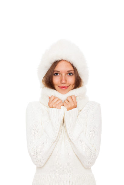 Excited woman wear warm wool sweater - Foto, Imagem