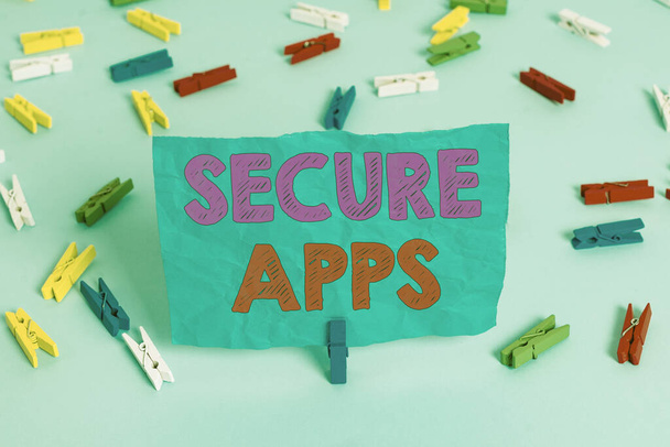 テキストの書き込み｜Secure Apps.デバイスとそのデータを不正アクセスから保護するためのビジネスコンセプトカラーの布ピン紙空のリマインダー青の床の背景オフィスピン. - 写真・画像