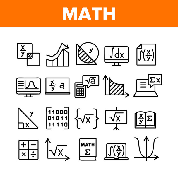 Matematika Oktatási Gyűjtemény Ikonok beállítva vektor. Matematikai képlet és funkció, geometriai ábra és bináris kód, számológép és könyvkoncepció lineáris piktogramok. Monokróm kontúr illusztrációk - Vektor, kép