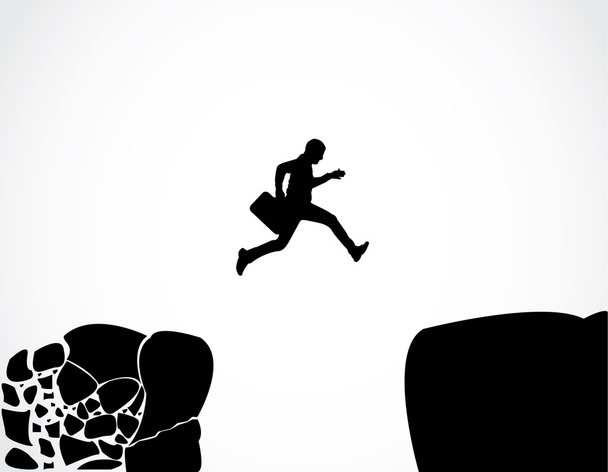 Businessman with a briefcase jumping from a crumbing mountain rock to another safer rock Concept design illustration art of reaching safety from an risky unsafe business environment - 写真・画像