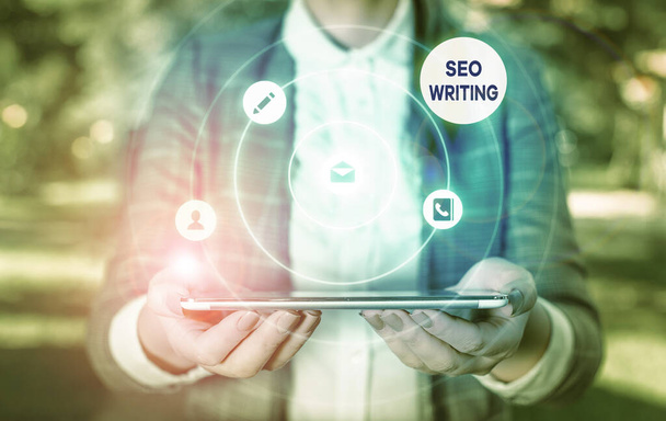 Writing note showing Seo Writing. Business photo showcasing grabbing the attention of the search engines using specific word. - Photo, Image