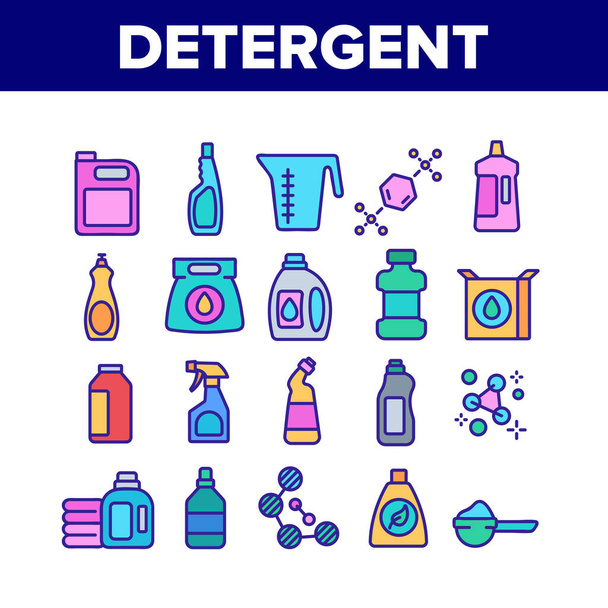 Conjunto de iconos de la colección de limpieza de detergentes Vector. Detergente Fórmula Molecular Y Paquete Con Limpiador, Tazón De Medición Y Concepto De Bote Pictogramas Lineales. Ilustraciones de color
 - Vector, Imagen