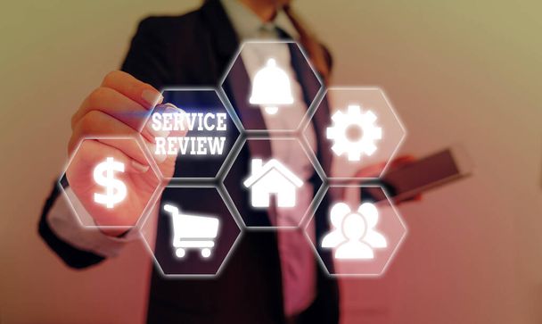 Szövegírás Service Review. Üzleti koncepció az ügyfelek számára, hogy értékeljék a vállalat s a szolgáltatás. - Fotó, kép
