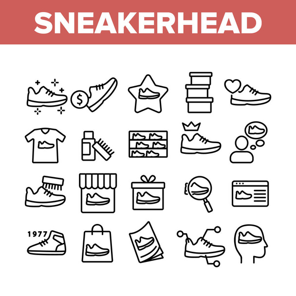 Sneakerhead Υποδήματα Συλλογή Εικόνες Ορισμός διάνυσμα. Sneakerhead σε συσκευασία δώρου και τσάντα, βούρτσα και κρέμα καθαρισμού, online ψώνια και κατάστημα έννοια γραμμική εικονογράμματα. Μονοχρωματικές εικόνες περιγράμματος - Διάνυσμα, εικόνα