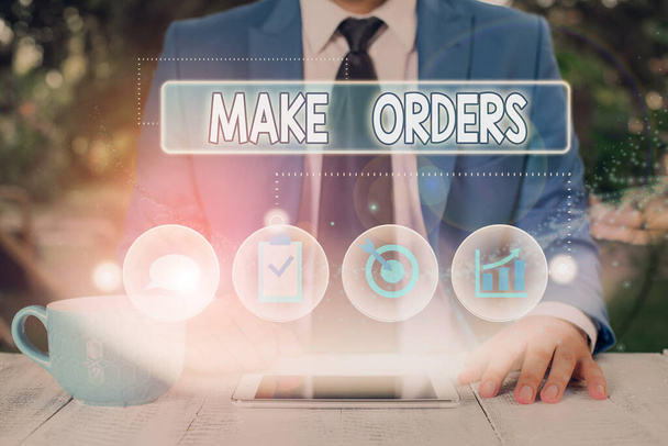 "Make Order" ı gösteren mesaj işareti. Kavramsal fotoğraf Bir partiden diğerine satın alma veya satma talebi. - Fotoğraf, Görsel
