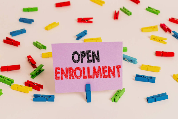 Word writing text Open Enrollment. Business concept for policy of allowing qualifying students to enroll in school Colored clothespin papers empty reminder white floor background office. - Photo, Image