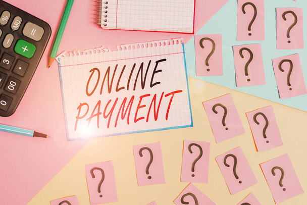 Writing note showing Online Payment. Business photo showcasing Internetbased method of processing economic transactions Mathematics stuff and writing equipment above pastel colours background. - Φωτογραφία, εικόνα