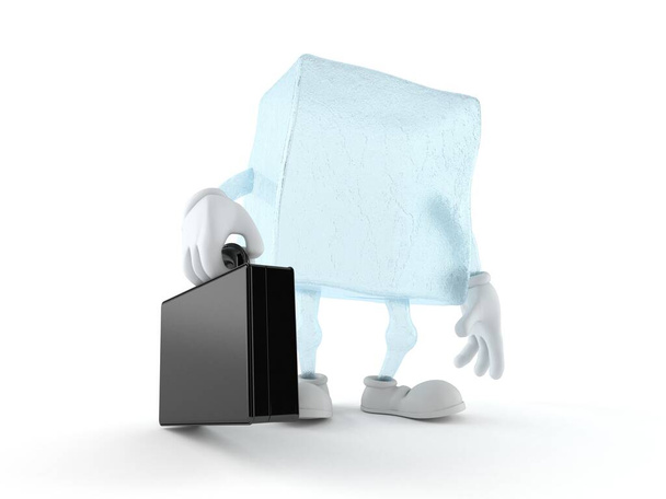 Cubo di ghiaccio personaggio che tiene valigetta isolata su sfondo bianco. Illustrazione 3d
 - Foto, immagini