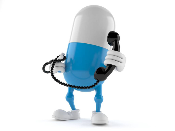 Pilule personnage tenant un combiné téléphonique isolé sur fond blanc. Illustration 3d
 - Photo, image