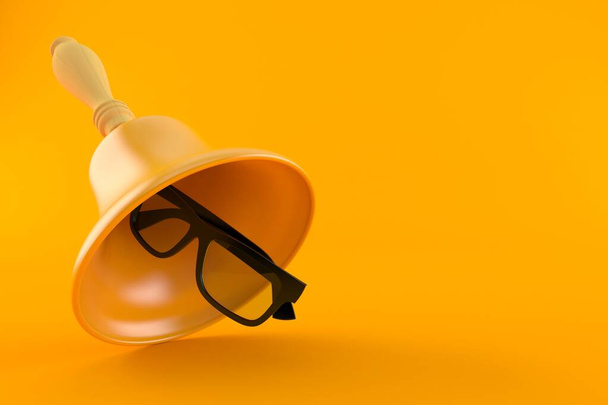 Glasses with hand bell isolated on orange background. 3d illustration - Photo, Image