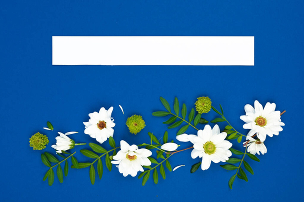 Composición de flores de primavera.Mock encima de la tarjeta de papel con espacio de copia.Marco hecho de flores blancas sobre un fondo azul
 - Foto, Imagen