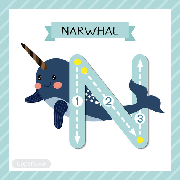 Letter N uppercase cute children colorful zoo and animals ABC alphabet tracing flashcard of Dark blue Narwhal for kids learning English vocabulary and handwriting vector illustration. - Vector, afbeelding