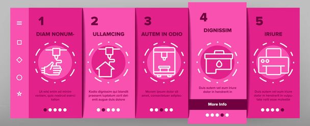 Printer Onboarding Icons Set Vector. Electronic 3d Printer And Device For Printing Build House, Ink Drop And Cartridge Illustrations - Vector, Image