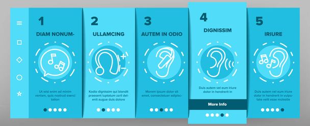 Hear Sound Aid Tool Onboarding Icons Set Vector. Hear Music Earphones And Dynamic, Hearing Device And Volume Button Illustrations - Vector, Image