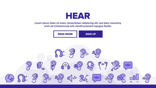Hear Sound Aid Tool Landing Web Page Header Template Vector. Слушать музыку наушники и динамические, слуховые устройства и кнопки громкости Иллюстрация
 - Вектор,изображение